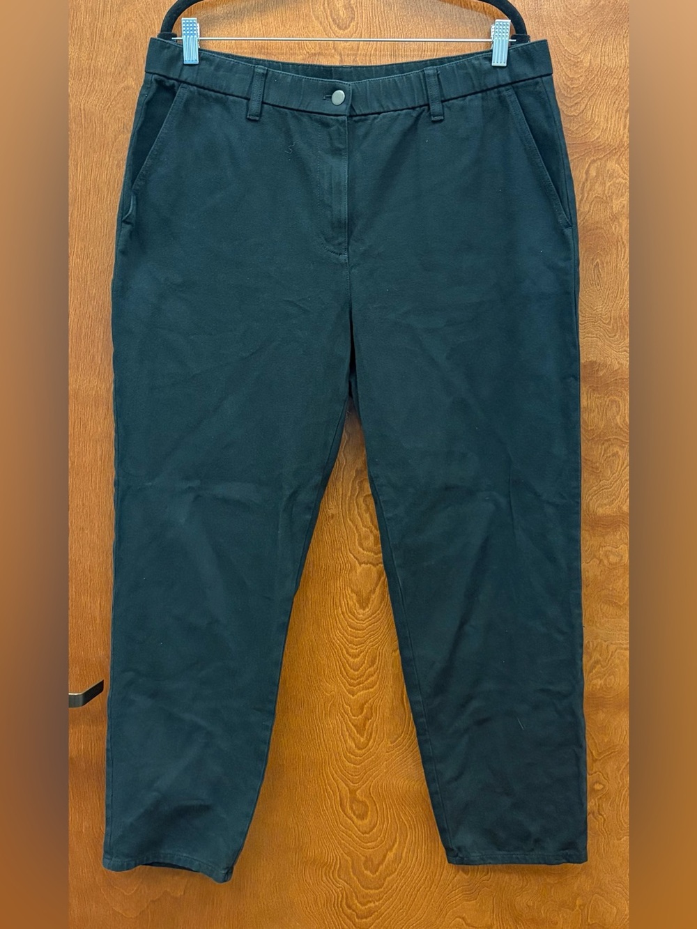 Eileen Fisher Classic Black 100% Cotton Pants Elastic w/button & zip closure LG